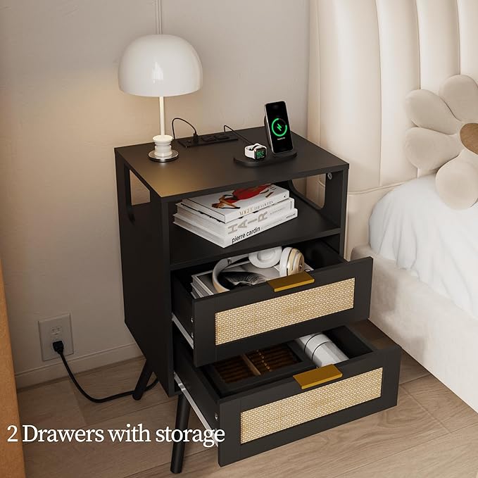Rattan Nightstand with Charging Station, Farmhouse Bedside Table with 2 Storage - Image 5
