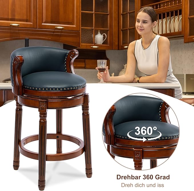 Cow top Leather Wooden Bar Stools, 180 Degrees Swivel Barstools Chair - Image 5