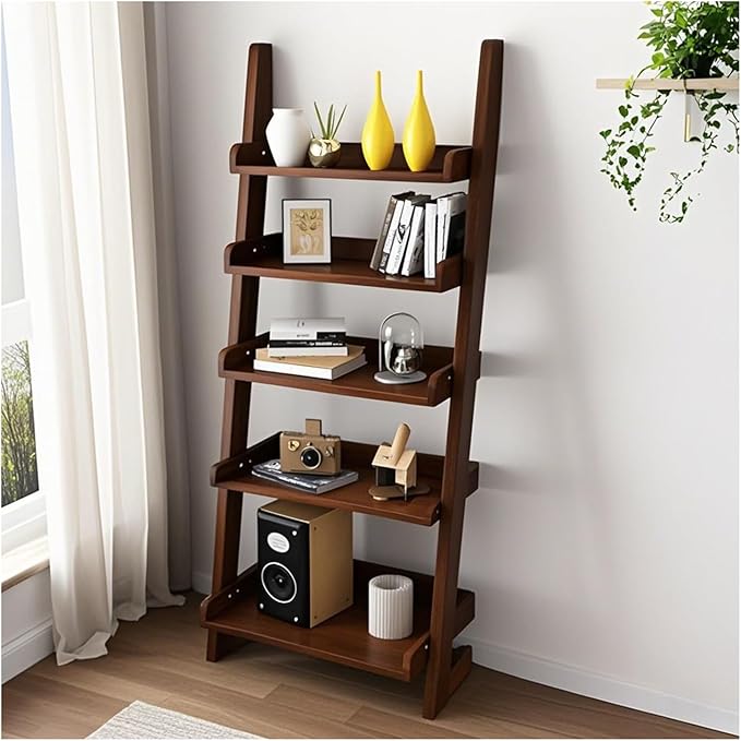 5-Tier Wooden Ladder Shelf Bookcase, H 55" Walnut Ladder Bookshelf Freestanding by BFECGDXT