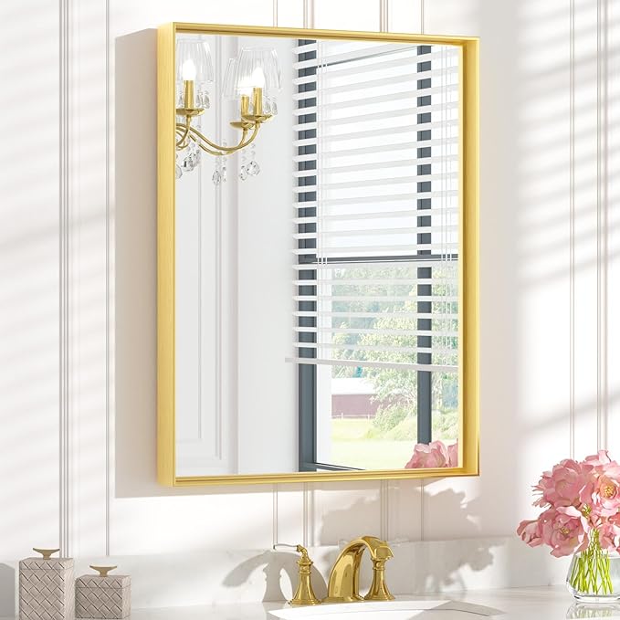 Keonjinn Gold Bathroom Vanity Mirror 24" x 32" Rectangular Wall Mirror Aluminum by Keonjinn