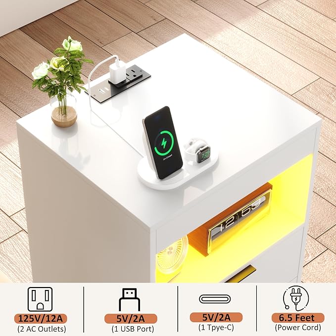 Gadroad LED Nightstand with Charging Station, Bedside Table with 3 Drawers and - Image 3