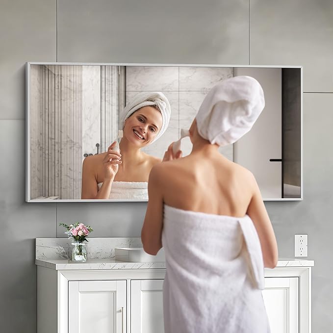48x24In Silver Bathroom Mirror for Wall, Brushed Nickel Rectangle Mirrors - Image 9