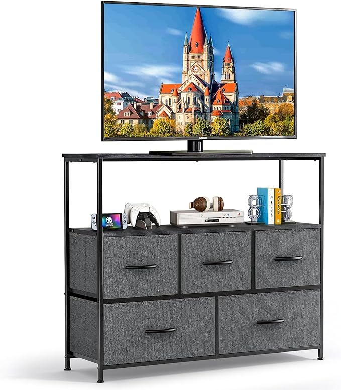 TV Stand, 5 Fabric Drawers Dresser Entertainment Center by Unknown