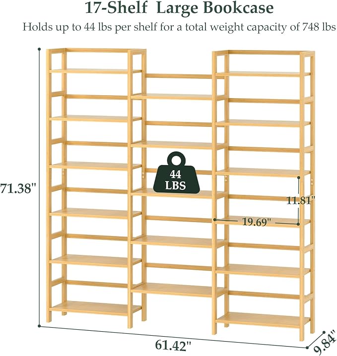 Homykic Bamboo Triple Wide Shallow Bookshelves and Bookcases, 6-Tier 6ft Tall - Image 3