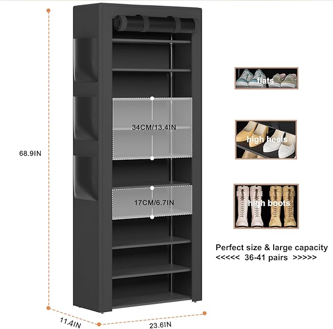 Large Shoe Rack, 6 Side Pockets, 23.6" Wide x 11.4" Deep x 68.9" Tall, 36-41 - Image 5