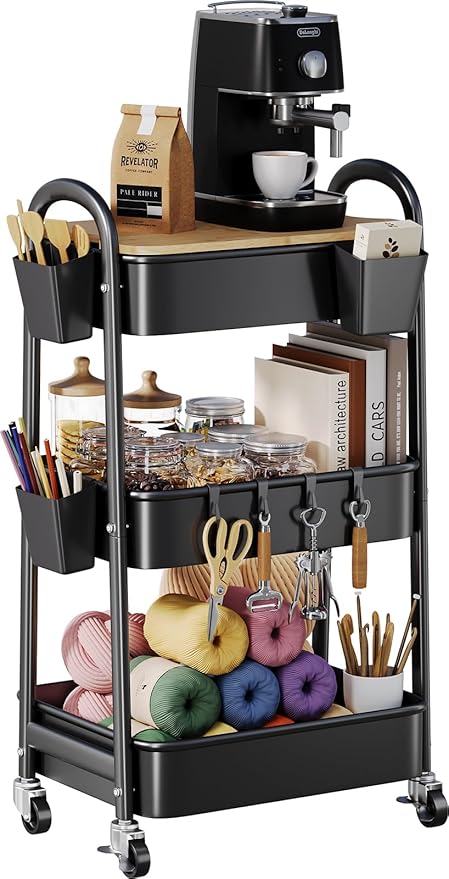 3 Tier Metal Rolling Cart with Wheels and Wooden Table Top, Three Tiered Craft by Kzeirm