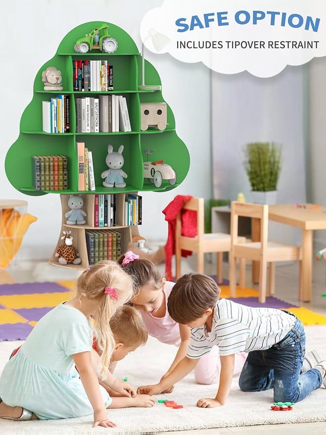 Tree Kids Bookshelf, Toddler Wood Bookcase, 16-Cubby Children Toy Storage - Image 5