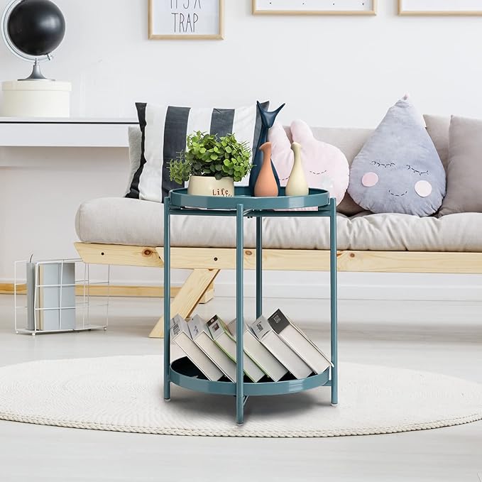 TeoKJ 2 Tier Round Side Table, Folding Round Metal End Table Small Nightstand - Image 2