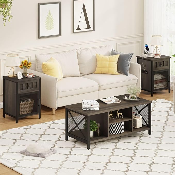 FATORRI End Table with Charging Station, Farmhouse Side Table with Drawer - Image 7