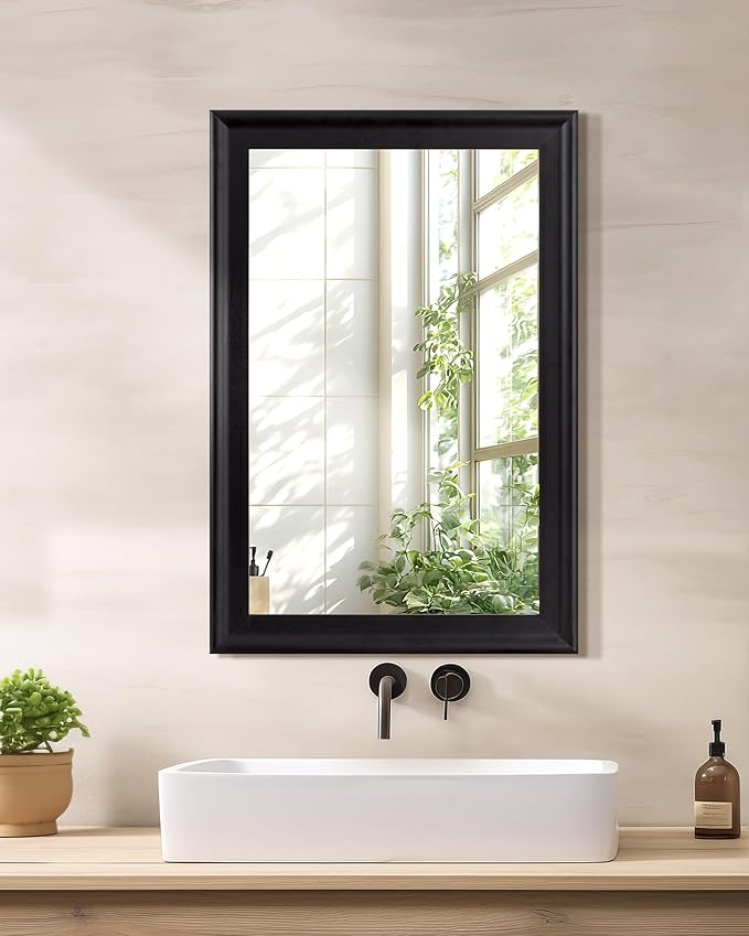 CULER Black Wood Wall Mirror for Bathroom, Rectangle 20 x 30 inch Hanging - Image 2