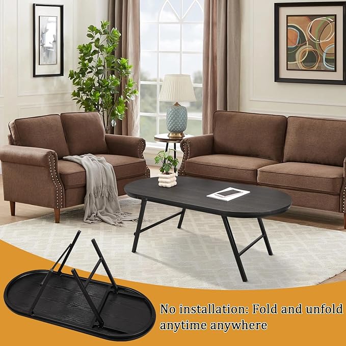 Small Oval Coffee Table Wood and Metal Folding Low Coffee Tables - Image 3
