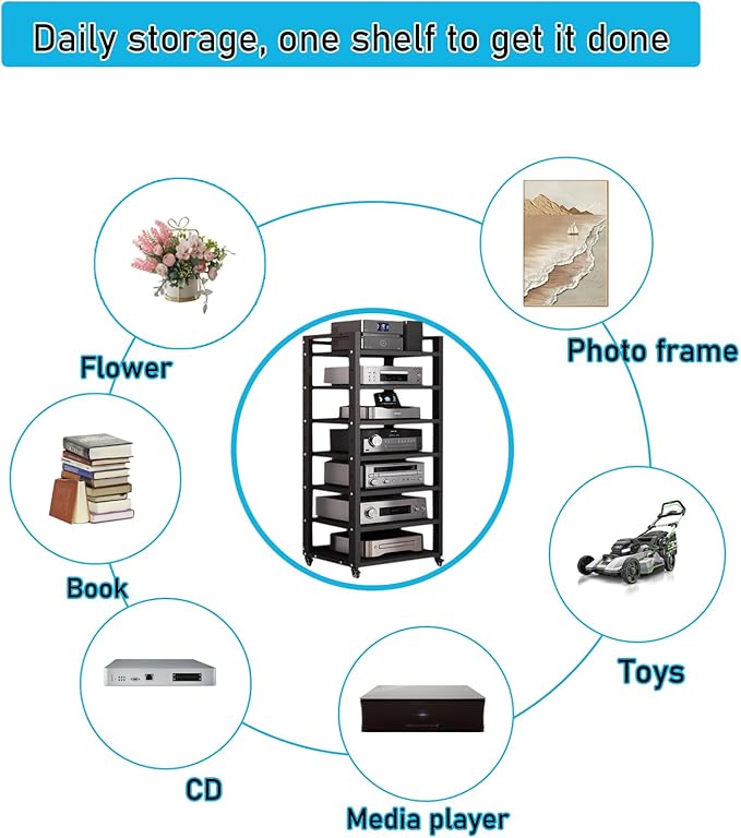 7 Tier Audio Rack Tower, CD Record Player Stereo Receiver AV Equipment Cabinet - Image 7