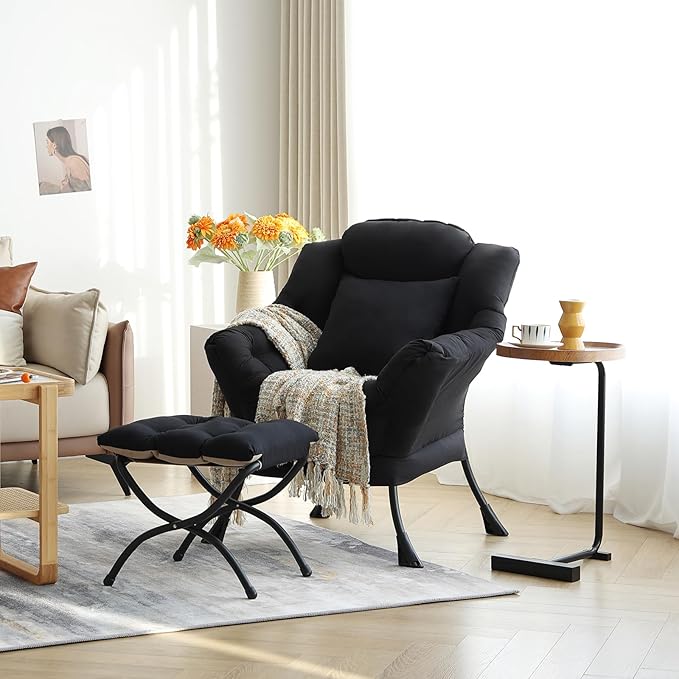Lazy Chair with Ottoman, Comfy Reading Chair with Footstool & Pillow Modern - Image 2