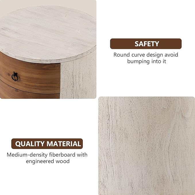 COSIEST Bedside Table Set of 2, Wood Nightstand 3 Drawers, Farmhouse Round End - Image 6