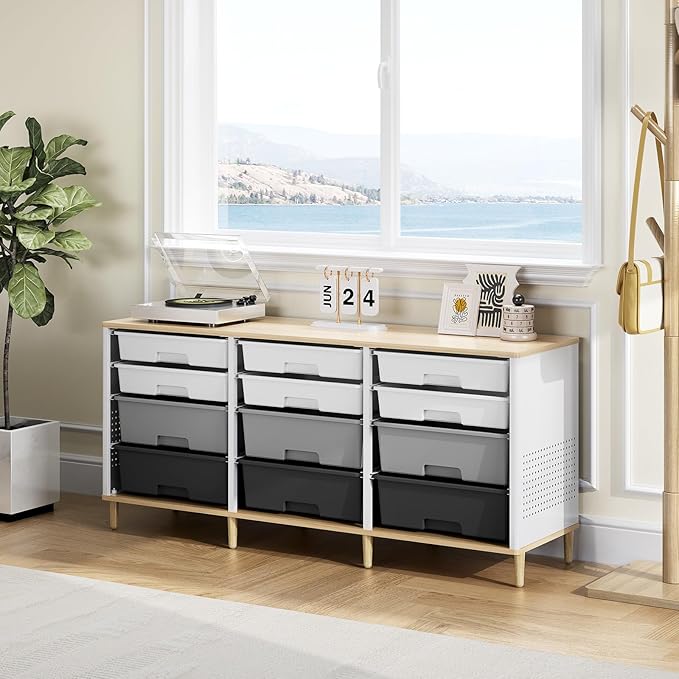 12-Drawer Storage Cabinet with Wooden Tabletop, Versatile Cube Storage - Image 2