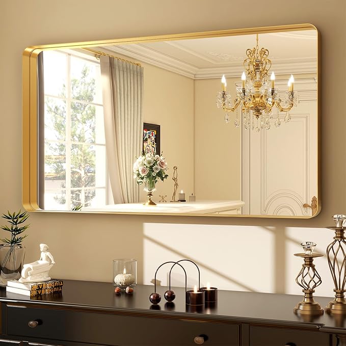 48 x 30 Inch Gold Bathroom Mirror, Rectangular Wall Mounted Shatterproof Mirror - Image 2