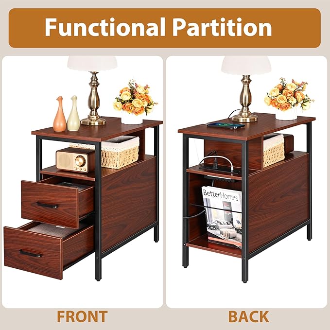 Narrow Side Tables with Charging Station, Narrow End Table with Wooden Drawers - Image 5