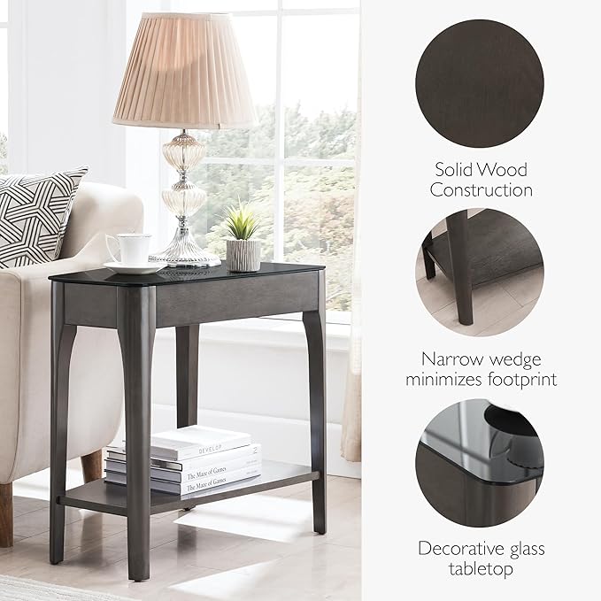 Leick Home Obsidian End Table, Solid Wood, Narrow Wedge Shape, Glass Tabletop - Image 4