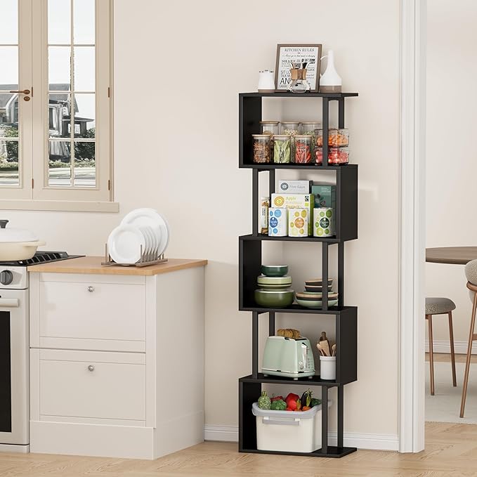 Gadroad 5-Tier Bookshelf, Tall S-Shaped Geometric Bookcase, Wood and Metal - Image 7