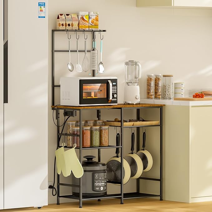 Bakers Rack with Power Outlet, Kitchen Microwave Stand with 10 S-shaped Hooks - Image 7