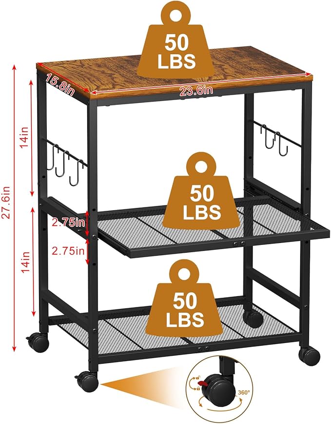 Microwave Cart with Adjustable Drawer Slider Shelves, 3 Tier Rolling Kitchen - Image 8