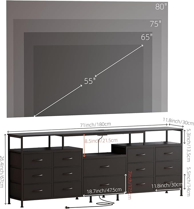 70.9" W Large TV Stand for 65/75/80 inchs TVs, 14 Drawer Long Dresser - Image 3