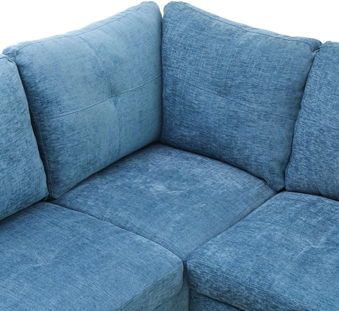 Blue L-Shaped 3-Piece Flannel Sofa - Image 7