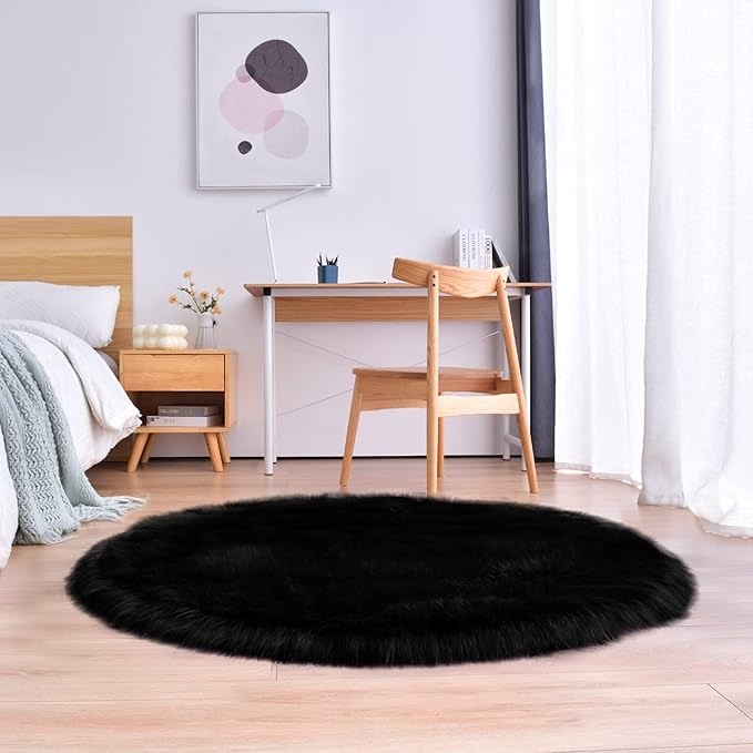 duduta Black Faux Sheepskin Round Rug 4x4 ft, Fluffy Shag Fur Bedroom Nursery - Image 6