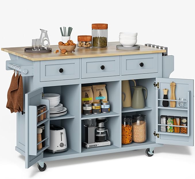 Rovibek Kitchen Island with Drawers 53 in Rolling Island Cart Mobile Portable by Rovibek