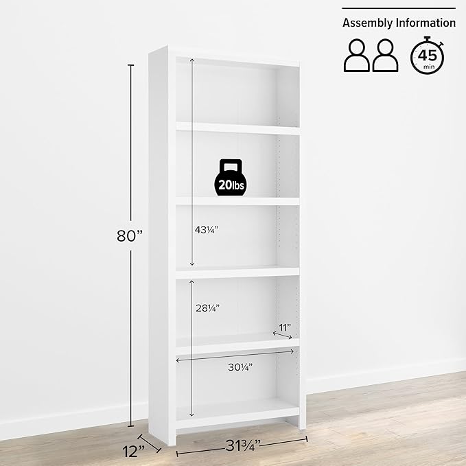 Prepac Moda 5-Tier Tall Wooden Bookcase, Display Cabinet, Bookshelf - Image 3