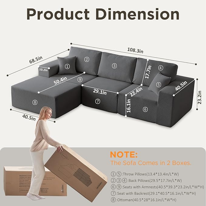 INGEROOM 108" Cloud Sectional Couch, Modular Sectional Sofa - Image 2