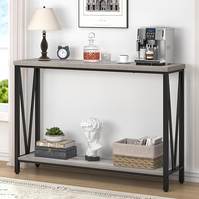 FOLUBAN Industrial Sofa Console Table, Rustic Wood and Metal Entryway Hallway by FOLUBAN