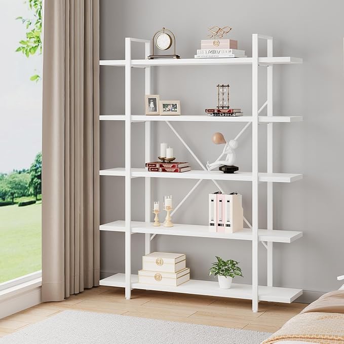 HSH 5 Tier Tall White Bookshelf, Metal and Wood Storage Book Shelves - Image 3
