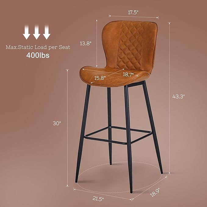 VECELO Quilted Bar Stools Set of 2, Bar Height Bar Stools - Image 2