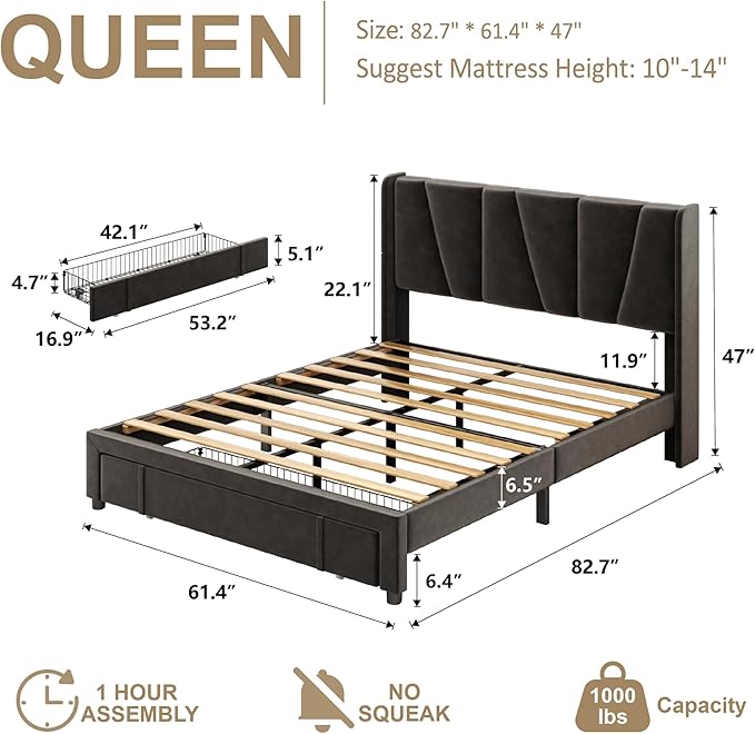 Queen Bed Frame with Storage Drawers, Upholstered Platform Bed with Headboard - Image 2