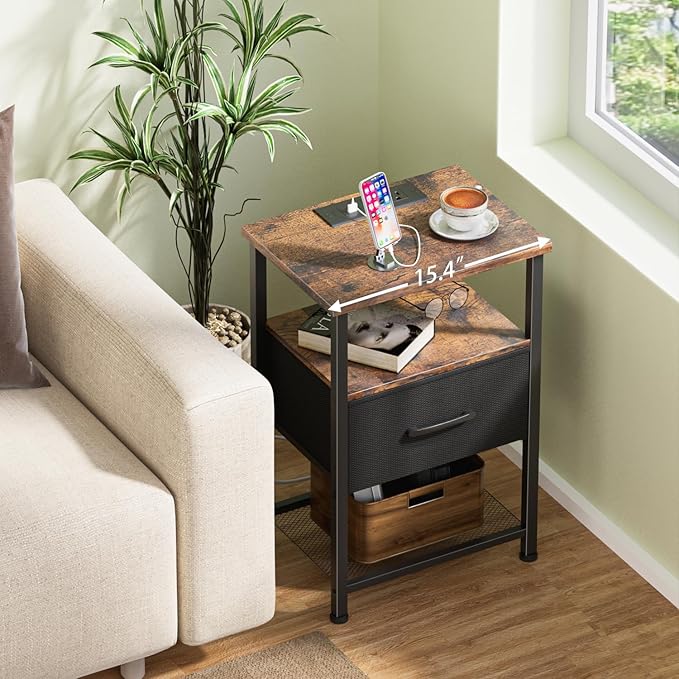 Nightstands Set of 2 with Charging Station and Drawer, End Table Bedside Table - Image 8