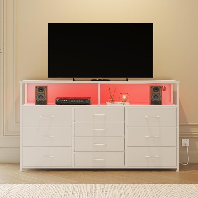 55W 10-Drawers Dresser with 2 Open Storage Shelves, TV Stand Dresser - Image 4