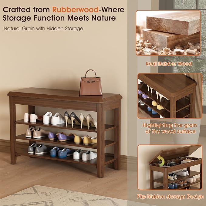 Shoe Rack Bench Seat Rubberwood 3-Tier Wooden Storage Bench 550lbs Compact - Image 6