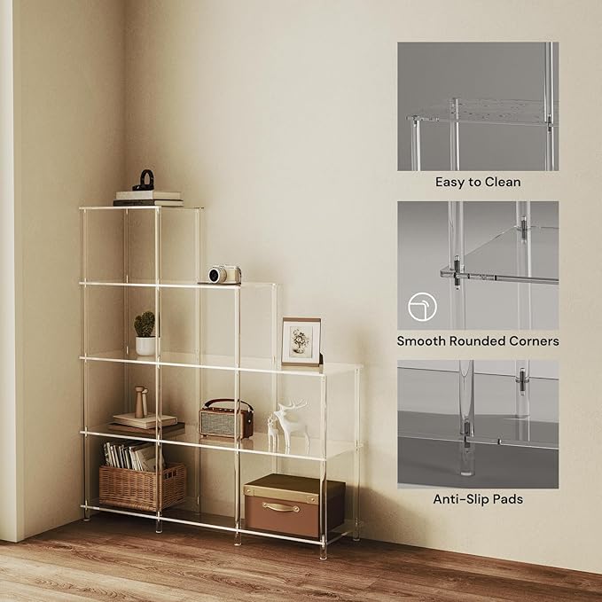 5-Tier Acrylic Bookshelf, 9 Cube Bookcase, Living Room, Easy Assembly, 11.8" D - Image 4