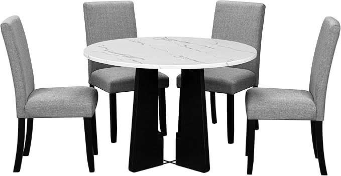 Merax 5-Piece Round Dining Table Set, Modern 4 Upholstered Chairs - Image 5