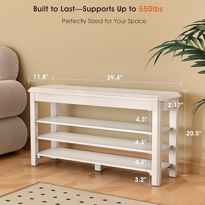 Shoe Rack Bench Seat Rubberwood 3-Tier Wooden Storage Bench 550lbs Compact - Image 2