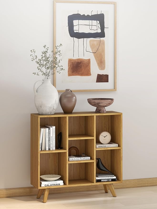 Manora Bookshelf with 7 Open Storage Cubes, Wooden Bookcase Organizer, Rustic - Image 7