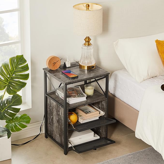 VECELO Oak Gray End Table with USB Ports and Outlets, 24 Inch Nightstands with - Image 4