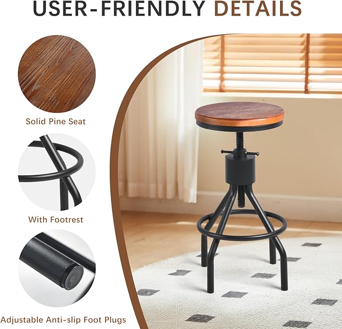 Industrial Bar Stool-Set of 2-Swivel Counter Coffee Chair-Extra Pub Height - Image 4