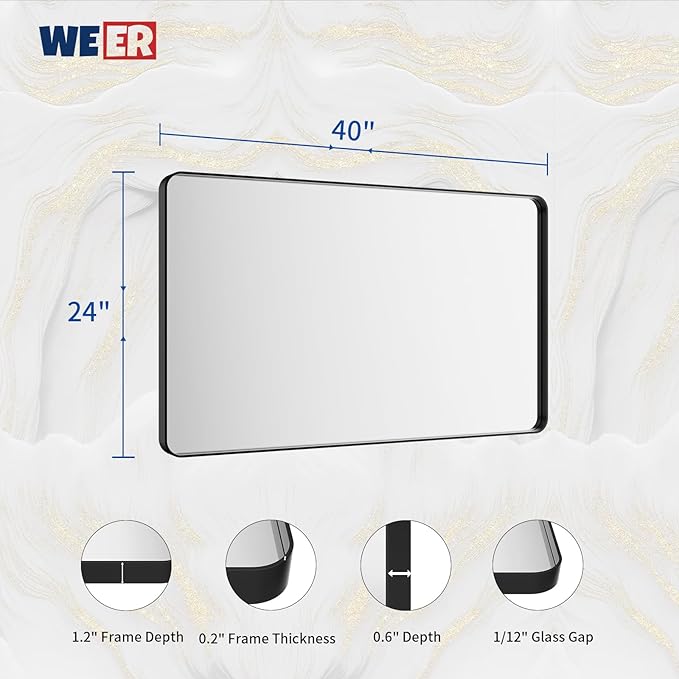 WEER Black Bathroom Mirror for Wall, 40X24 Inch Matte Black Mirror, Rectangular - Image 6