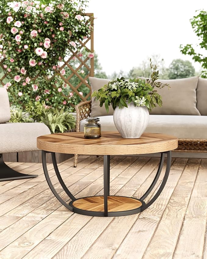 LITTLE TREE Round Coffee Table, 2-Tier Wood Accent Center Table - Image 5