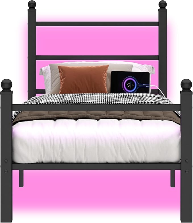 Twin Bed Frame with Headboard and Footboard, Steel Slats Support-LED Bed Frame - Image 7
