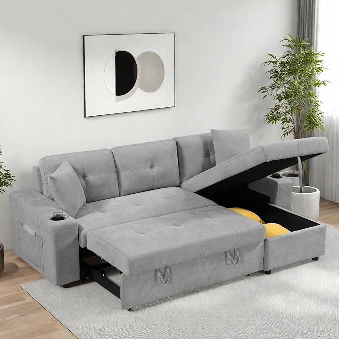 L Shape Pull Out Sofa Bed with Cup Holder, Convertible Sectional Couch with - Image 7