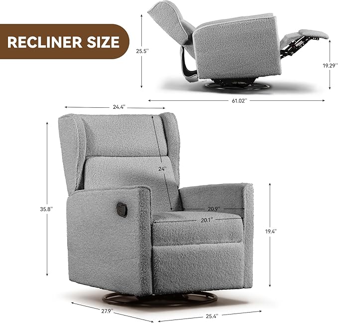COMHOMA Nursery Rocking Chair Teddy Upholstered Swivel Rocker Recliner Manual - Image 2