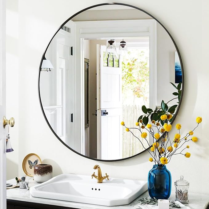 Black Round Bathroom Mirror, 24 inch Circle Wall Mounted Hanging Mirror by VooBang